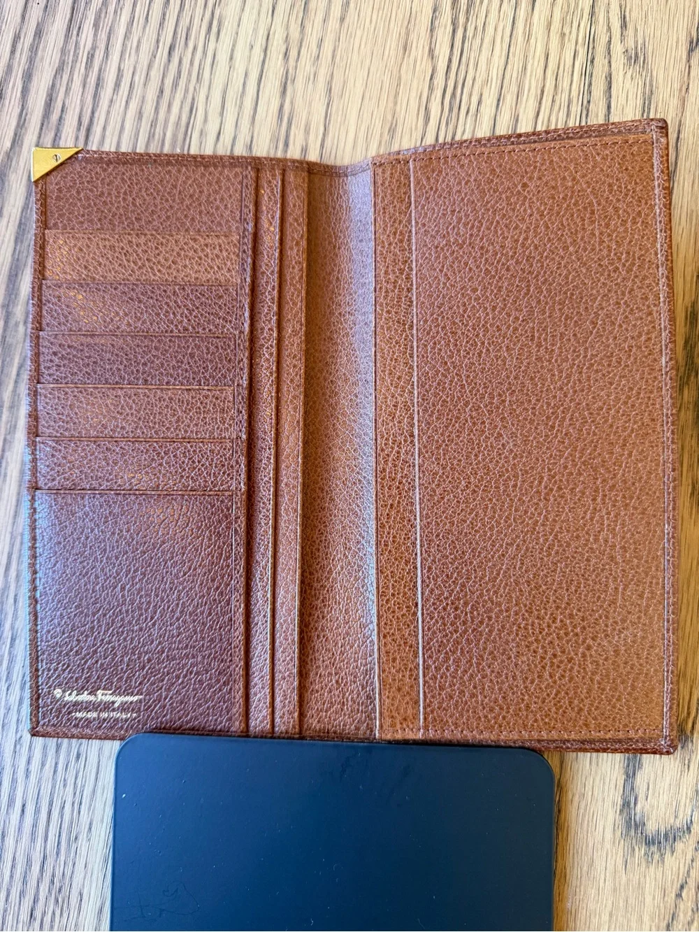 Salvatore Ferragamo Chestnut Brown Leather Long Wallet with Gold Corner